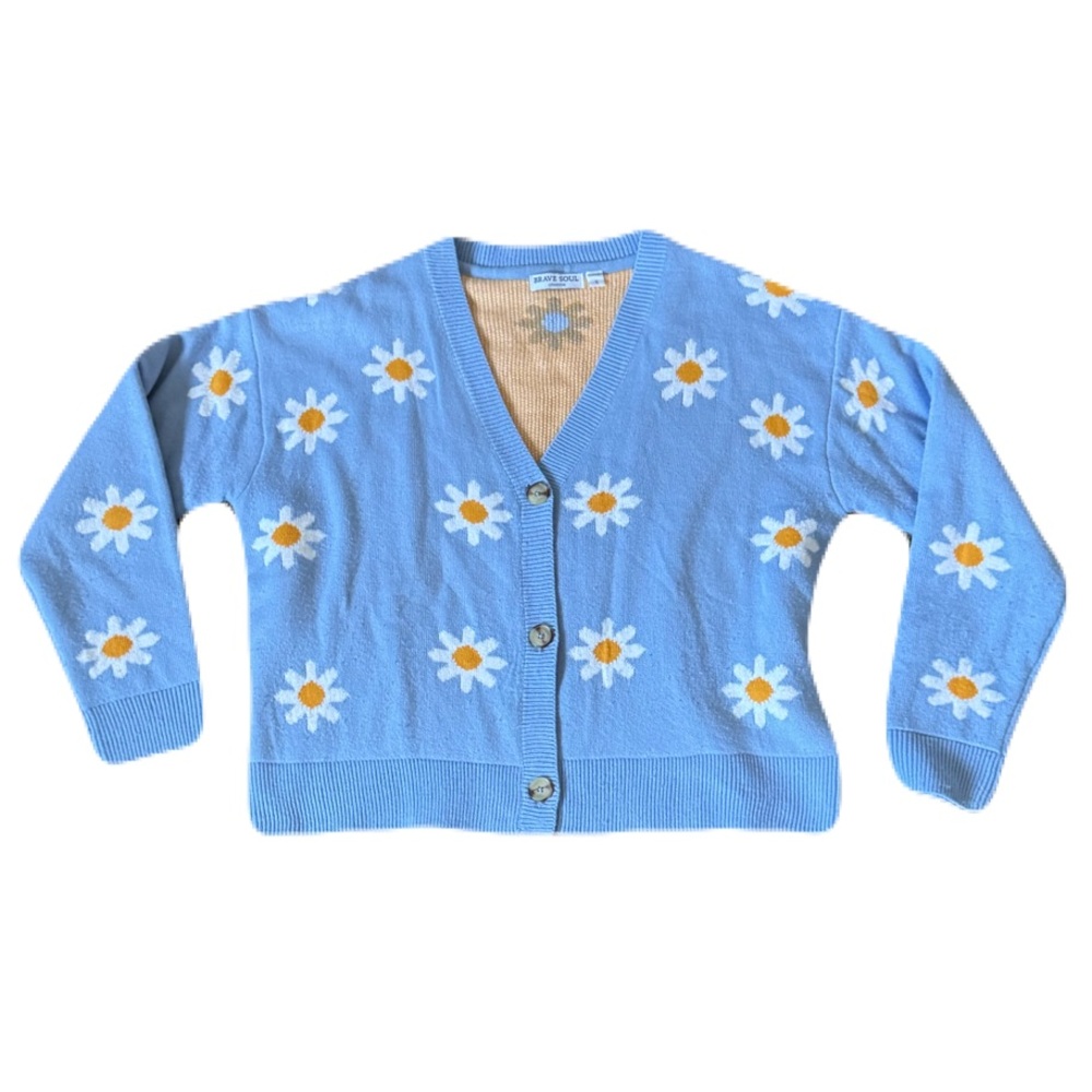 Brave Soul Small Blue With Daisies Button Front Cardigan Flowers Y2K